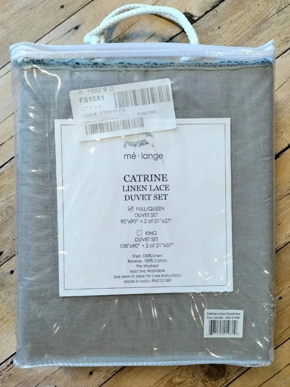 Melange Catrine Linen Crochet Lace Duvet Set Full/Queen Grey Storm 3 Piece
